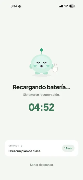 Moti en teléfono: pantalla de descanso con 04:52 restantes.